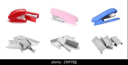 Different colorful staplers and fasteners isolated on white, collection Stock Photo