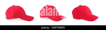 Stylish red baseball cap isolated on white, set Stock Photo
