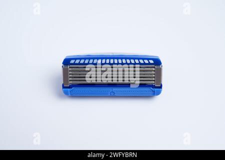 One blue reusable 5-blade razor cartridge Stock Photo