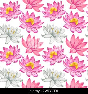 Seamless pattern with pink lotus flowers. Detailed realistic vector illustration. Stock Vector