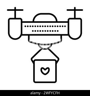 Drone delivers a package, black line vector icon Stock Vector