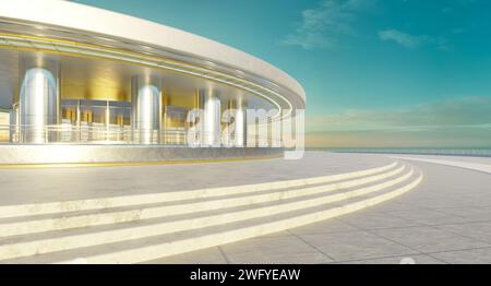 Modern art curved building exterior with brick floor and stair. 3D rendering Stock Photo
