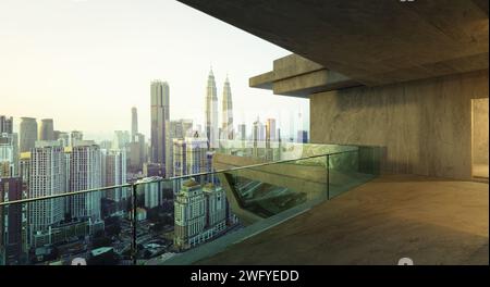 Cityscape view in balcony outside office glass railing. 3D rendering Stock Photo