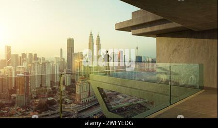 Young business man standing in the corridor outside office watching the cityscape view, Business ambition concept. 3D rendering Stock Photo