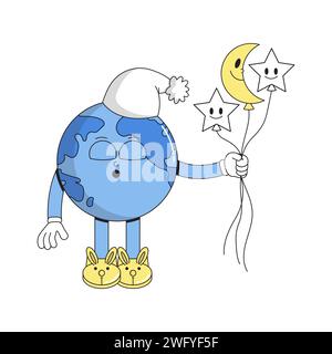 World Sleep Day. Earth hour. Sleeping character planet Earth in a cap holds balloons moon and stars in his hands. Psychedelic smile. Stock Vector