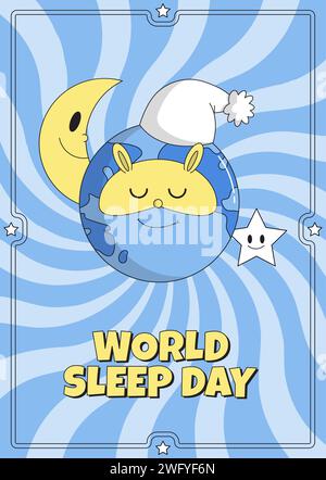World Sleep Day poster. Sleeping character planet Earth in a cap and sleep mask bunny, moon, star. Psychedelic smile. Stock Vector