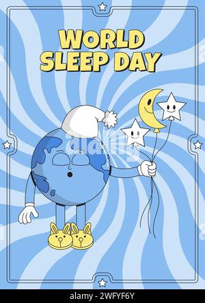 World Sleep Day poster. Sleeping character planet Earth in a cap holds balloons moon, stars in his hands. Psychedelic smile. Retro mascot cartoon style. Stock Vector