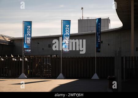 Barcelona, Spain. 01st Feb, 2024. ISE 2024 information banners are seen at the Fira de Barcelona-Gran Via fairgrounds. From January 30 to February 2, the twentieth edition of Integrated Systems Europe (ISE) 2024 will take place in Barcelona, at the Fira de Barcelona-Gran Via venue, which brings together exhibitors from leading companies and manufacturers in the audiovisual sector. (Photo by Paco Freire/SOPA Images/Sipa USA) Credit: Sipa USA/Alamy Live News Stock Photo