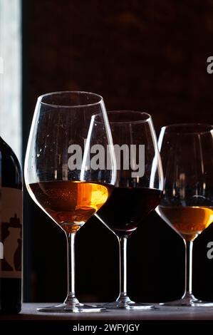 Row of wine glasses, Sicily, Italy Stock Photo