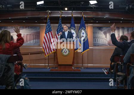 Washington, United States. 01st Feb, 2024. United States House Minority Leader Hakeem Jeffries (Democrat of New York) at his weekly press conference in the Capitol in Washington, DC, USA on Thursday, February 1, 2024. Photo by Annabelle Gordon/CNP/ABACAPRESS.COM Credit: Abaca Press/Alamy Live News Stock Photo