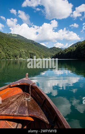 Bow of a timber canoe, on Biograd Lake in the Biogradska Gora National Park, Montenegro Stock Photo