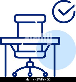 Receiving promotion at work. Corporate manager office job. Office chair, desk and checkmark. Pixel perfect icon Stock Vector