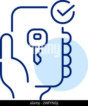 Remote control personal account access. Key, smartphone and checkmark. Pixel perfect, icon Stock Vector