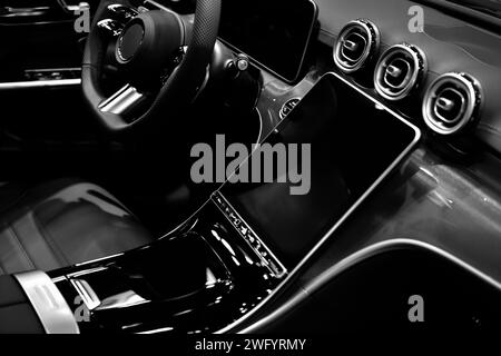Car ventilation system and air conditioning - details and controls of modern car , black and white Stock Photo