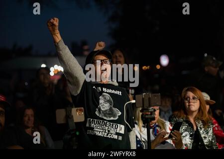 DRIPPING SPRINGS, TEXAS - FEBRUARY 1: A woman wears an 'Ashli Babbitt' shirt durng the “Take Our Border Back” convoy rally at the One Shot Distillery & Brewery on February 1, 2024 in Dripping Springs, Texas. The convoy of 'patriots', who claim 'globalists' are conspiring to keep U.S. borders open to destroy the country, are heading to the U.S.-Mexico border as the standoff between Texas and the federal government intensifies. (Photo by Michael Nigro) Credit: Sipa USA/Alamy Live News Stock Photo