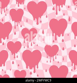 Lovely melted heart background in psychedelic groovy style. Retro Y2k vector seamless pink wallpaper. Trippy liquid graffiti print with distorted Stock Vector