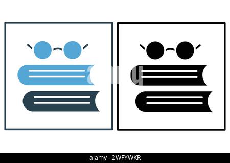 Glasses icon with book. icon related to scholarly reading, education. solid icon style. element illustration Stock Vector