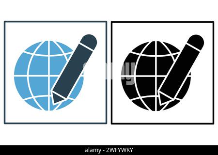 Global learning icon. Earth with pencil. icon related to education. solid icon style. element illustration Stock Vector