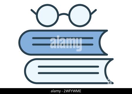Glasses icon with book. icon related to scholarly reading, education. flat line icon style. element illustration Stock Vector