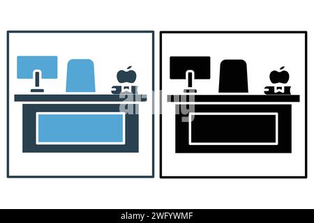 Teacher desk icon with computer. icon related to education, technology integrated teaching hub. solid icon style. element illustration Stock Vector