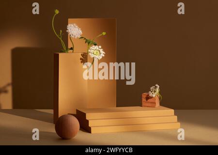 A stairway seen from the front with a brown background and an empty area. Stock Photo