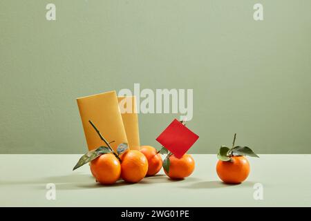 Some Tangerines and yellow envelopes decorated on minimalist pastel background. Front view. Tet holiday concept Stock Photo