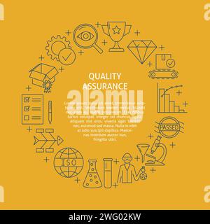 Quality control and assurance round banner in line style with place for text. Production certification and testing symbols. Vector illustration. Stock Vector