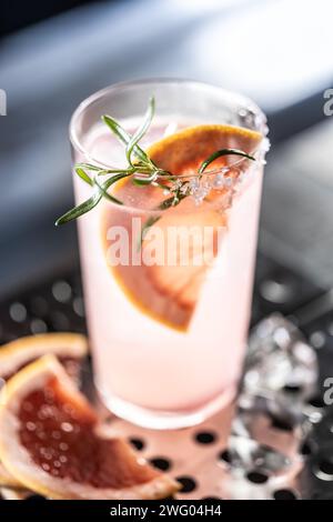 Cocktail drink Paloma with Gin grapefruit and soda decorated with rosemary on bar counter. Stock Photo