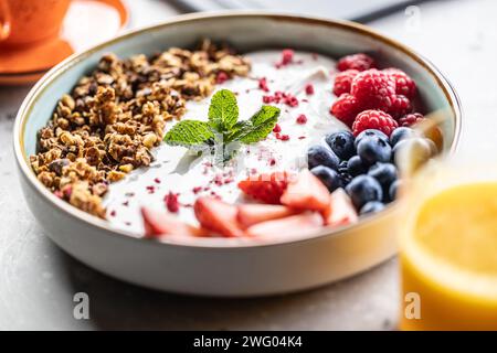 A bowl full of berries, yogurt and cereal. Healthy breakfast concept. Stock Photo