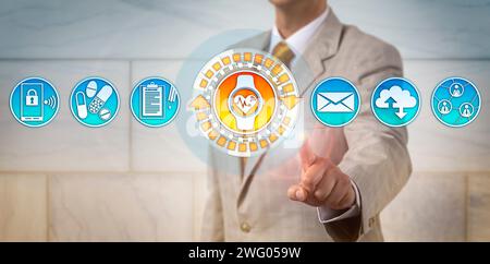 Unrecognizable manager accessing an ECG application on his smartwatch. Healthcare technology concept for wearable tech devices, electrocardiography, p Stock Photo