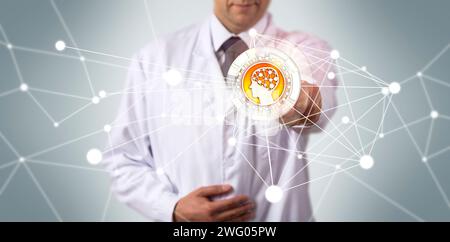 Unrecognizable scientific researcher is initiating an artificial intelligence application in a computing network. Science and technology metaphor for Stock Photo