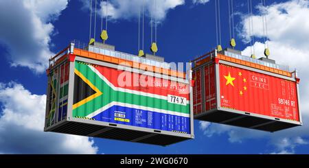 Shipping containers with flags of South Africa and China - 3D illustration Stock Photo