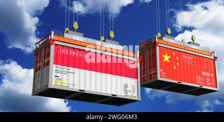 Shipping containers with flags of Indonesia and China - 3D illustration Stock Photo