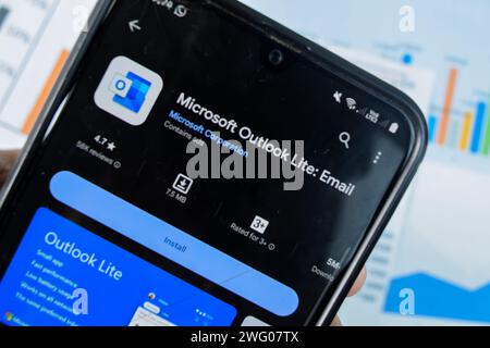 Microsoft Outlook Lite - Email application on Smartphone screen. Outlook Lite is a freeware web browser developed by Microsoft Corporation. Bekasi, In Stock Photo