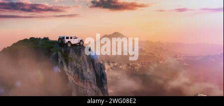 Jeep on top of rocky mountain and cliffs with American Landscape in background. 3d Rendering Peak Stock Photo