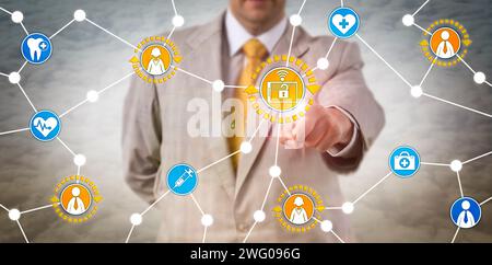 Unrecognizable male medical marketer connecting with patients via tablet device in a crowdsourced social health network. Health care IT concept for en Stock Photo