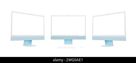 Modern blue computer display presented in three angles: left, front, right. Isolated screen and background, perfect for mockup and web page presentati Stock Photo