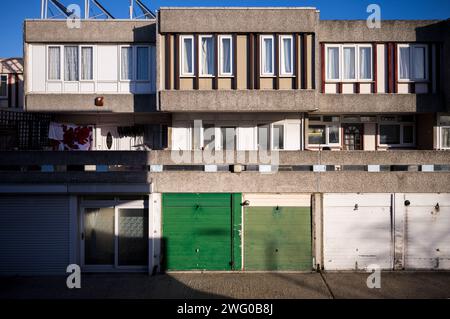 A maisonette on Lensbury Way SE2, part of the Lesnes Estate in Thamesmead, a brutalist estate built in 1967, due to be demolished and redeveloped. Stock Photo