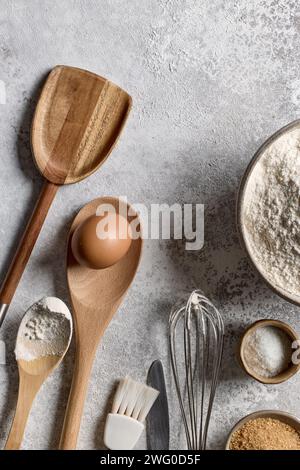 various kitchen tools on light grey table top view Stock Photo