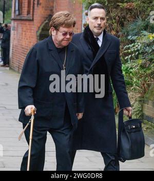 London, UK. 02nd Feb, 2024. SIR ELTON JOHN and husband DAVID FURNISH arrive for the funeral of Derek Draper at Church of St Mary the Virgin, Primrose Hill in North London. Derek Draper, a former political lobbyist and husband of television presenter Kate Garraway, died following a long illness caused by COVI-19 infection. Photo credit: Ben Cawthra/Sipa USA Credit: Sipa USA/Alamy Live News Stock Photo