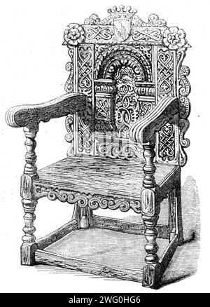 &quot;My Lady's Chair&quot;, at Corby Castle, formerly belonging to the Countess of Derwentwater, 1862. Engraving of '...an old oak chair preserved in the &quot;Ratcliffe Room&quot; of Corby Castle, the seat of H. P. Howard, Esq., which tradition affirms to have belonged to the beautiful Countess of Derwentwater. This lady was the wife of James Ratcliffe, Earl of Derwentwater, an English nobleman who was implicated in the rebellion of 1715 with Lords Kenmure, Nithsdale, Carnwath, and Wintown, and who suffered death on Tower Hill the 24th of February, 1716'. From &quot;Illustrated London News&q Stock Photo