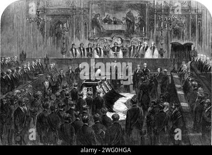 The Funeral of His Late Royal Highness the Prince Consort: the funeral ceremony in the choir, 1862. '...the Lord Chamberlain, accompanied by the Vice-Chamberlain, Lord Castlerosse...proceeded up the choir to Wolsey's Chapel, where the Royal mourners had already assembled...The Prince of Wales, as chief mourner, stood in the centre; on his right was the little Prince Arthur; on his left, the deceased Prince's elder brother, the Duke of Saxe-Coburg and Gotha...The Prince of Wales bore up with great fortitude...though he, like all the rest, at times gave way to irrepressible bursts of tears...The Stock Photo