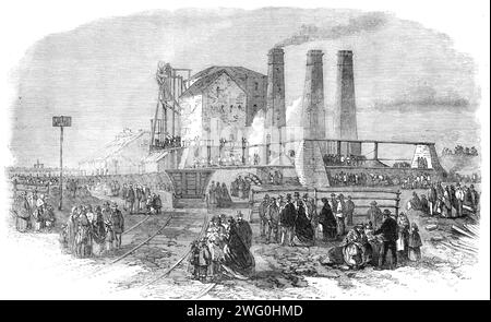 The Fatal Accident at New Hartley Colliery: view from the railway, taken shortly after the catastrophe, 1862. The Hartley Colliery disaster was a coal mining accident in Northumberland, England, that occurred on 16 January 1862 and resulted in the deaths of 204 men and children. The beam of the pit's pumping engine broke and fell down the shaft, trapping the men below. The disaster prompted a change in British law that required all collieries to have at least two independent means of escape. From &quot;Illustrated London News&quot;, 1862. Stock Photo