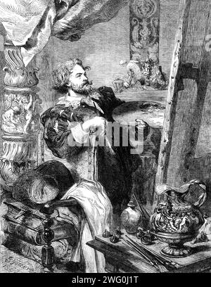 &quot;Peter Paul Rubens&quot;, by J. Gilbert, in the Exhibition of the Society of Painters in Water Colours, 1862. Engraving of a painting. 'The representation of the great masters in their studios has been a favourite subject with modern and especially foreign, artists. Mr. Gilbert may naturally take this means of showing his admiration and reverence for the great Flemish master...The attitude of Rubens, stepping back to see the effect of his work, is not merely characteristic of all artists, but is especially appropriate when assumed as the habit of this painter; for no master depended more Stock Photo