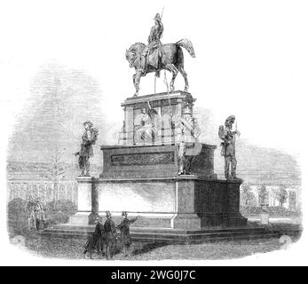 The International Exhibition: monument of Charles Albert, the late King of Piedmont, in the Horticultural Society's Gardens, 1862. Marochetti's memorial. 'At the base of this monument stand on guard at each angle a grenadier, a bersagliere, a dragoon, and an infantry soldier...On the west side the Piedmontese force marches forth against the Austrian hordes, whilst the country people wave their hats or kneel in prayer...On the east side is represented the disastrous battle of Novara...The artillery horses...are very spiritedly designed and executed. In the north panel the discouraged and unhapp Stock Photo