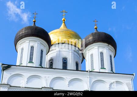 Domes with crosses of the Orthodox Church building, classical Russian ancient religious architecture. The Trinity Cathedral located since 1589 in Psko Stock Photo