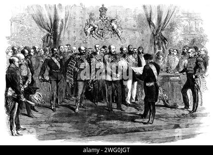 The Award of Prizes at the International Exhibition: Earl Granville, President of the Royal Commission, reading the address, 1862. Granville Leveson-Gower, Leader of the House of Lords, makes a speech at a prize-giving ceremony. The International Exhibition of 1862 was a world's fair held from 1 May to 1 November 1862 in South Kensington, London. The site now houses museums including the Natural History Museum and the Science Museum. From &quot;Illustrated London News&quot;, 1862. Stock Photo