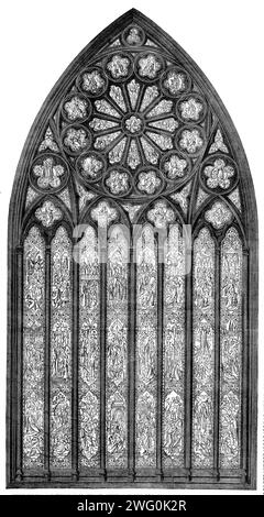 The International Exhibition: design for the east window of St. George's Church, Doncaster, by Hardman and Co., of Birmingham, 1862. 'This window is designed and coloured strictly in accordance with the date (the fourteenth century) of the architecture of St. George's Church. It consists of eight lights, which are filled with the Passion of our Lord represented in eighteen groups - viz., the Entrance into Jerusalem, the Last Supper, Washing the Disciples' Feet, the Treachery of Judas, the Agony in the Garden, the Scourging, the Mocking, the Ecce Homo, the Condemnation, the Carriage of the Cros Stock Photo