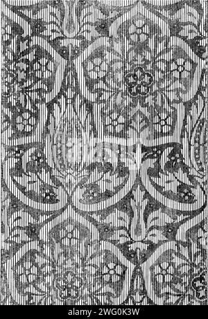 The International Exhibition: painted decoration by T. Kershaw, of Baker-street, 1862. 'The decorations by Mr. Kershaw...while they might be more harmonious in colouring are yet of a very satisfactory character. That formed largely of strapwork is in two blue greys and gold, and the other pattern is in red-maroon, green, and low-toned yellow'. From &quot;Illustrated London News&quot;, 1862. Stock Photo