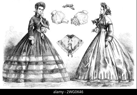 Paris fashions for October, 1862. 'Fig. 1. Walking Dress. Robe of very dull black taffety. On the skirt three bands of blue silk ruched with a narrow guipure. High-necked, waistcoat-fashioned corsage; the lower half is covered with silk...White horsehair bonnet, trimmed with a bouquet composed of black satin; pinks, fern, and grass; black lace bavelot, white strings. Fig. 2. Evening Dress. This very graceful dress is of the fashionable light grey foulard, ornamented on the lower part of the skirt with perpendicular pointed stripes of pink silk or velvet emerging from a narrow rose-coloured flu Stock Photo